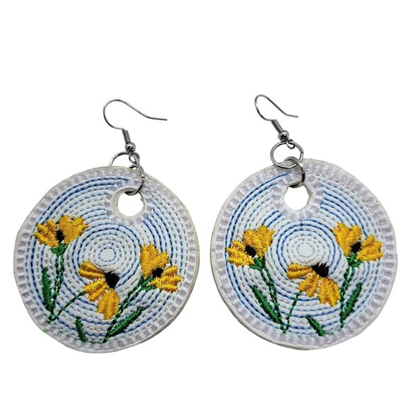 Jewelry - Faux white leather with floral embroidery earrings
